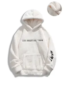 Men's Polar Fleece Embroidered Hoodie, Casual Loose-Fit Letter Pattern, Fall & Winter Thick Fabric, Trendy Plush Pullover Sweatshirt, Embroidery