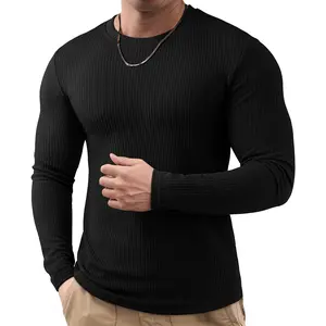 JMIERR Mens Long Sleeve Muscle T Shirts Casual Crewneck Knitted Longline Textured Tee Shirts for Gym Workout