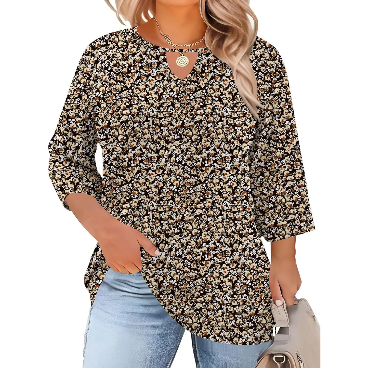 Womens Plus Size Tops 3/4 Length Sleeve Shirts Crewneck Dressy Casual Blouses Trendy Keyhole Tunic Top XL-5XL