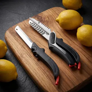 7 In 1 Auto Rebound Kitchen Knife Scissors, 3CR14 Stainless Steel Detachable Cooking Shears with Built-in Cutting Board, Replaceable Blade, Wavy French Fry Cutter, Labor-Saving Tool for Home & Camping