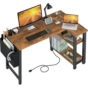 Small L Shaped Desk with Power Outlet Shelves, 40 Inch Reversible Corner Desk for Small Space Home Office, L-Shaped Computer Desk PC Desks with Charging Station, Rustic Brown
