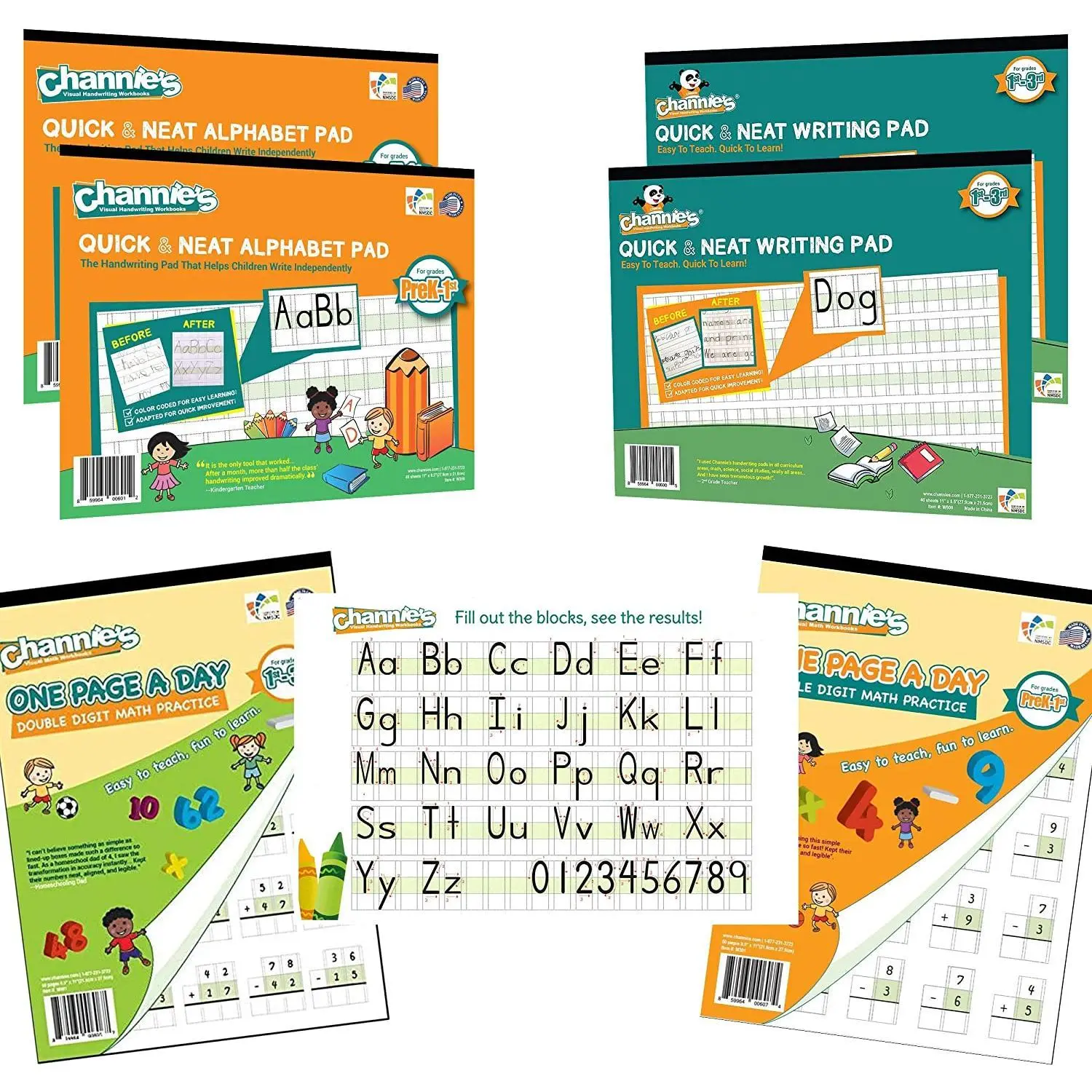 Channie's Workbook Set for Pre-Kindergarten - 3rd Grade Elementary School Students, 4 Handwriting Pads & 2 Math Practice Workbooks (6 Pack)