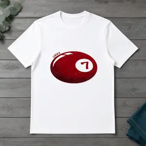 Distressed Grunge Texture Large Glossy Red Lucky Number 7 Pool Billiard Ball Tiny "Lucky" Script Detail Retro Vintage Front Graphic Unisex Black White Cotton Streetwear Gambler Casual Short Sleeve T-Shirt