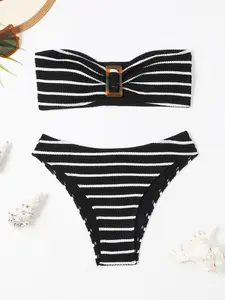 Women's Striped Special Fabric Halter Bikini Set, Bikini Swimwear, Two-Piece Design, Casual Fitted Style, Ideal for Vacation and Daily Wear