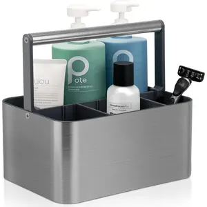 Portable shower storage basket for dormitories: compact bathroom storage basket with handle and adjustable dividers, made of hard plastic, used for storing toiletries, essential for men's dormitories, gray