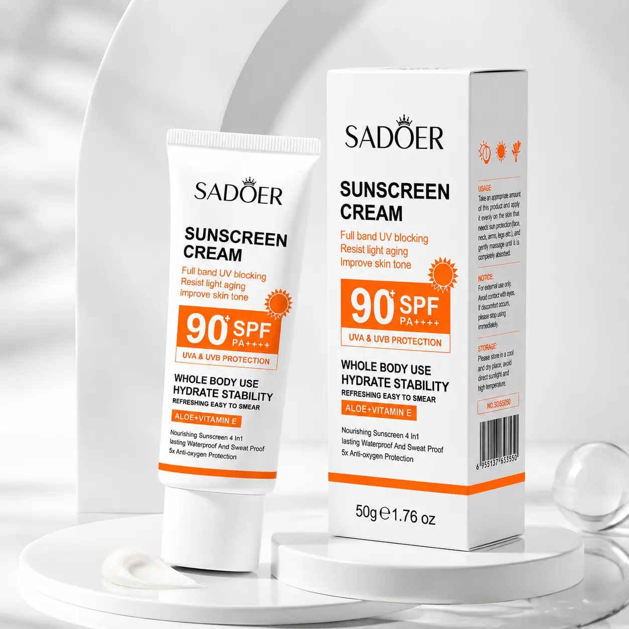 SADOER SPF90 PA++++ Sunscreen Cream with Aloe & Vitamin E - Refreshing, Nourishing, Waterproof, Sweat-Resistant Lotion for Daily Face & Whole Body Sun Care (Makeup Base Primer)