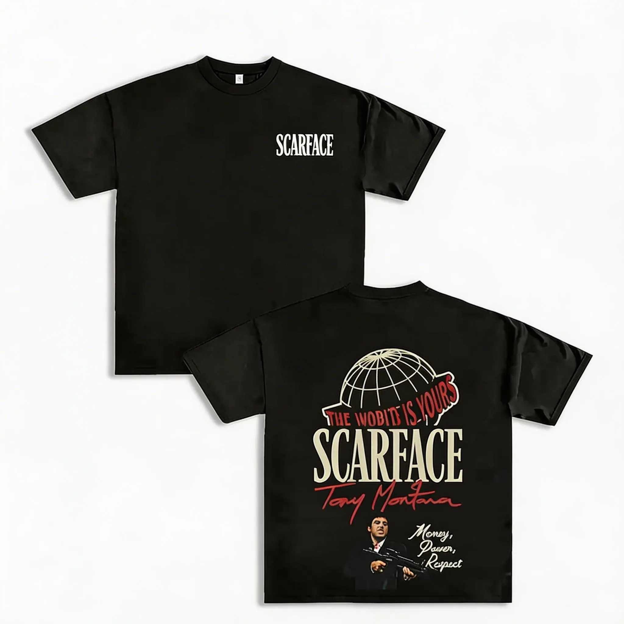 Scarface Two Sides Graphic Tee - The World is Yours Design with Tony Montana Iconic Image Perfect for Movie Fans and Streetwear Enthusiasts Menswear Casual Crewneck Tshirt  graphic t-shirts   good graphic tees men's graphic tees funny tshirt