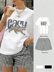 Women's Casual Short Sleeve Tiger T-Shirt and Shorts Set, Geometric Print Striped Shorts, Loose Fit Comfortable Breathable Fabric
