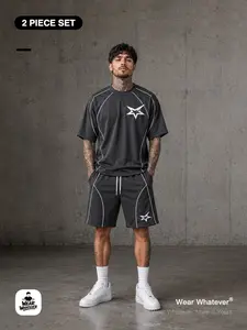 Contrast Stitching, Arc Line Design, Geometric Star Element, 2-Piece Set, Loose Fit Short Sleeve T-Shirt + Shorts, Trendy