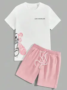 Two-Piece Set Men's Cartoon Bear & Letter Print Short Sleeve Tee & Shorts Set, Regular Fit Casual Round Neck T-shirt & Track Shorts, Summer Clothes Set for Men Menswear