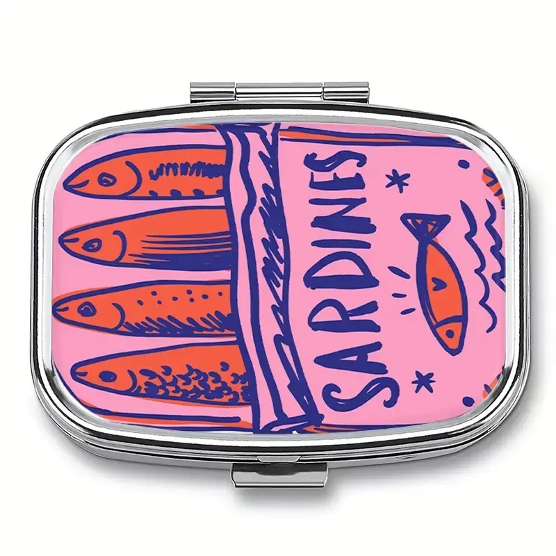 Vintage Whimsical Sardines Pill Box Organizer, 2-Compartment Metal Storage Box, Cute Fish Design, Portable and Lightweight for Travel, Unique Durable Gift, Supplement Organizer, Vitamin Organizer
