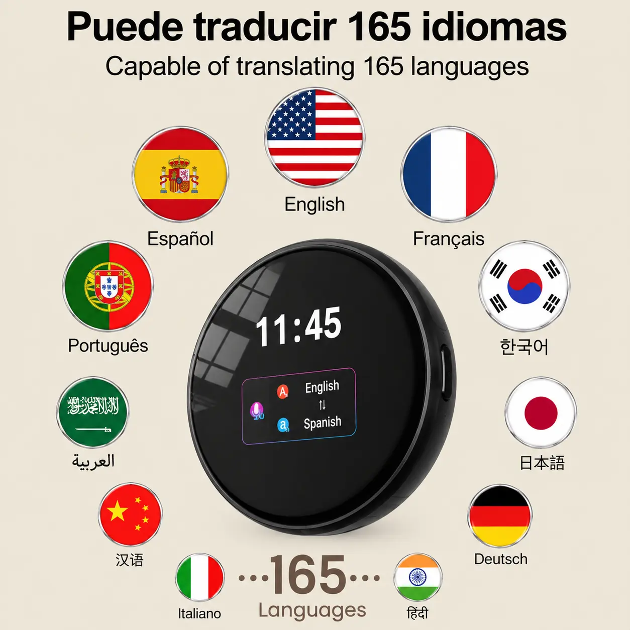 Portable Bluetooth Smart Translation Device - Stable Bluetooth Connection, Real-Time 165-Language Translation, Accent Adaptation, Spanish-English Practice Tool, Restaurant Scenario Assistant, Electronic Learning Tutor, 165 Languages
