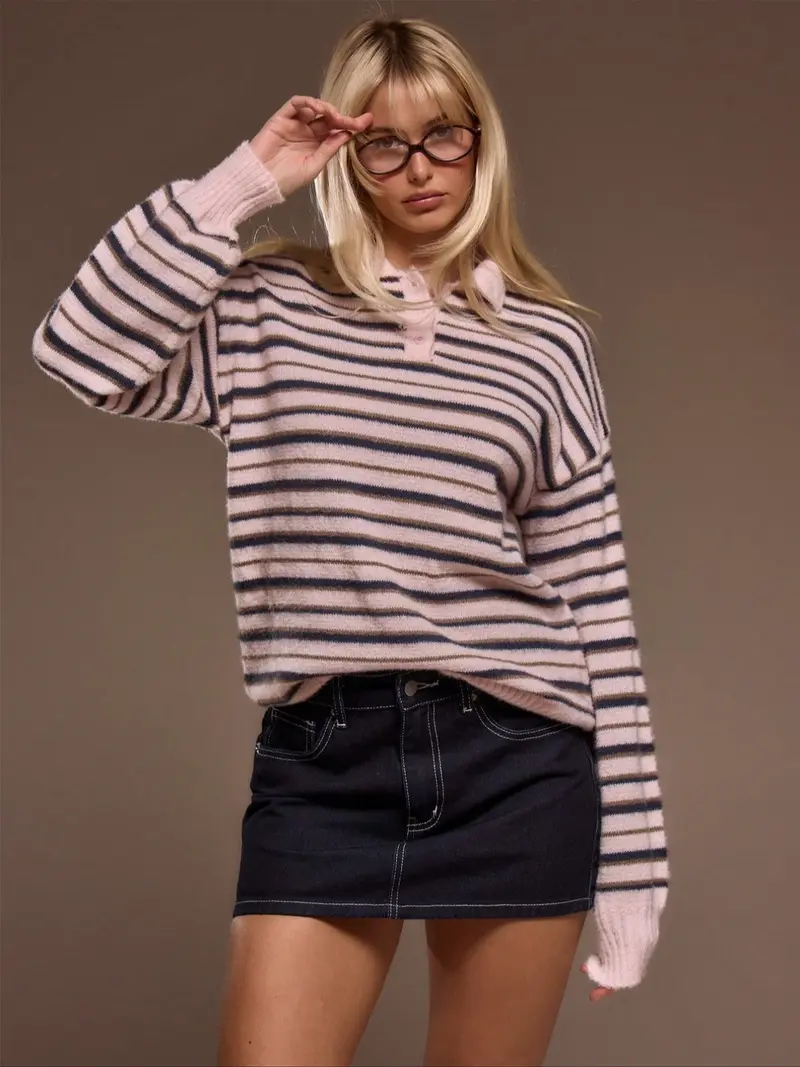 Soft Textured Striped Knit Polo Sweater Women's Retro Collar Button Cardigan Coat, Loose Long Sleeve Top with Sweet Academic Style for Valentine's Day Gentle Look