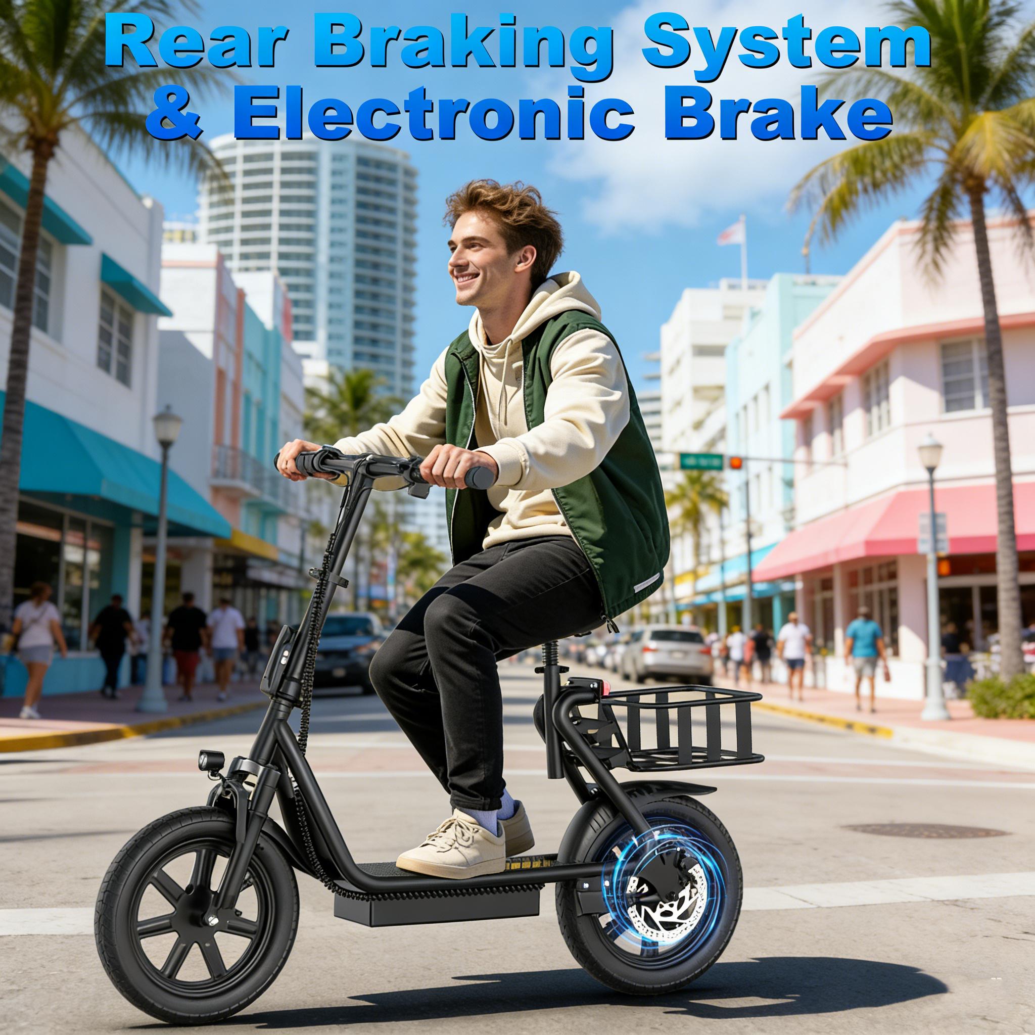Electric Scooter for Adults with Seat,48V 10.4Ah Battery, Top Speed 22 mph, Driving Range 21-27 Miles, Pet-Friendly Design with Rear Basket