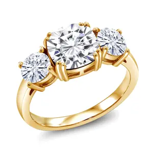 Gem Stone King 3-Stone Gemstone Birthstone Engagement Ring for Women | 18K Yellow Gold Plated Silver | Cushion 8MM & Round 5MM | Wedding Anniversary Promise Ring