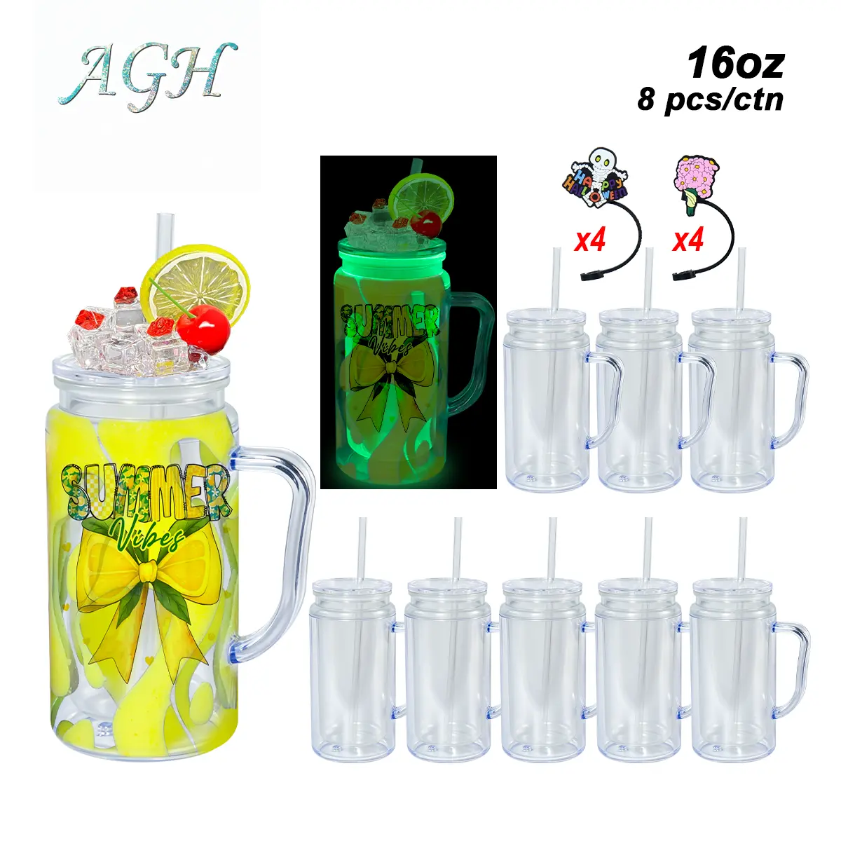 AGU US 8pcs 16 OZ GLOW TO DARK GREEN double wallplastic Snow globe handle tumbler For DIY GIFT Halloween Party decor, With Pre Drilled Hole And Plugs