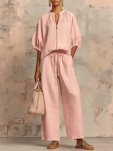 Women's Summer Solid-Color Casual 2-Piece Womenswear Clothes Set - Round-Neck Zip-Up Simple Elegant Top, Elastic-Waist Wide-Leg Pants for Everyday Outings, Strolling