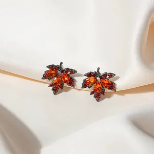 Creative Red Maple Leaf Zircon Stud Earrings For Women Cute Animal Rabbit Cat Rhinestone Earring Girls Christmas Party Jewelry