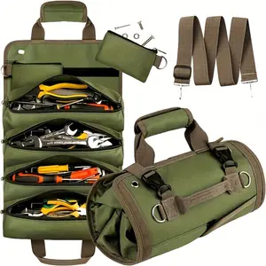 Multi Pocket Roll Up Tool Bag, Garage Tool Organizer, Polyester Tool Organizer Pouch with Multiple Compartments, Portable Tool Roll for Screwdrivers Wrenches Pliers Hardware Storage, Utility Repair Bag for Home Electricians Mechanics, Fathers Day Gift