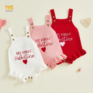 Infant My First Valentines Baby Girl Outfit Newborn Button Heart Embroidery Knit Romper Bubble Bodysuit