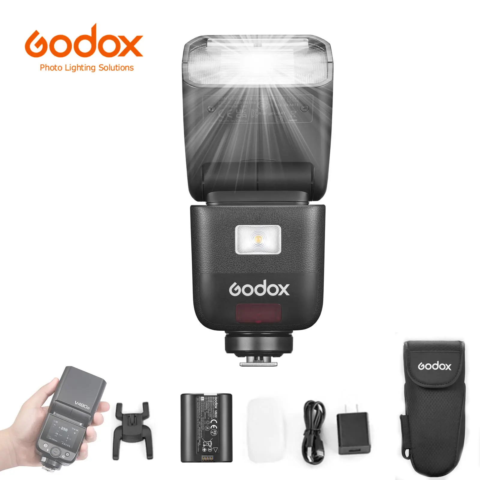 Godox V480-N TTL Camera Speedlight Flash with GN50, 1/8000 HSS, 650 Full Power Flashes, 1.7s Recycle Time, 2.4G Wireless, Built-in Modeling Light, 7.2V/2200mAh Li-ion Battery, Touchscreen, Camera Stand & Charging Cable Accessories