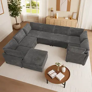 XIZZI Modular Sectional Sofa, 130.7" U Shaped Couch Set   with Chaise ‌and Ottoman‌ - Easy Assembly Required! Deep-Seat, Upholstered Modular Cloud Sofa for Living Room, Plush Corduroy Fabric ﻿-8 Seater