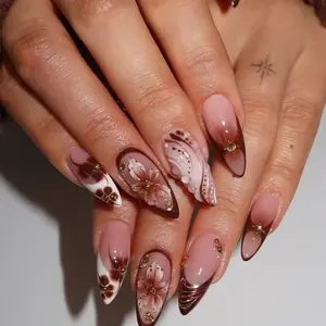 24pcs Melard Style 3D Floral Fake Nails, Soft Nude Base, Accents, Almond Shape, Reusable, Perfect for Fall Winter, Nail Art