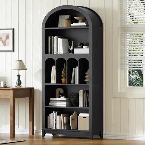 HOOBRO 5-Tier Arched Durable Engineered Wood Bookshelf, 71" Tall Farmhouse Home Decor, Open Vertical Storage Rack with Anti-Tip Kit, Fits in Nooks, Living Room & Bedroom Furniture