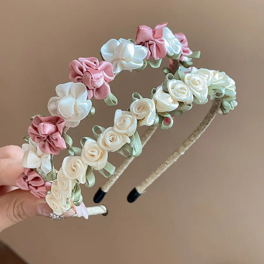 Satin 3D Rose Floral Headbands for Women, Dainty Handmade Fabric Flower Hair Hoops, Elegant Fairy Minimalist Luxury Hair Accessories for Wedding Date Soft Daily Outfits