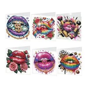 6 Pcs Diamond Painting Greeting Card Kits, Diy Card Set, DIY Colorful Lips Patterns Handmade Sparkling Diamond Art Greeting Cards With Envelopes, Holidays Celebrations Birthday Christmas Gift