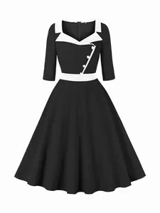 Hepburn Style Three-Quarter Sleeve Elegant Commuter Vintage Waist-Cinching Large Hem Color-Block Casual Dress
