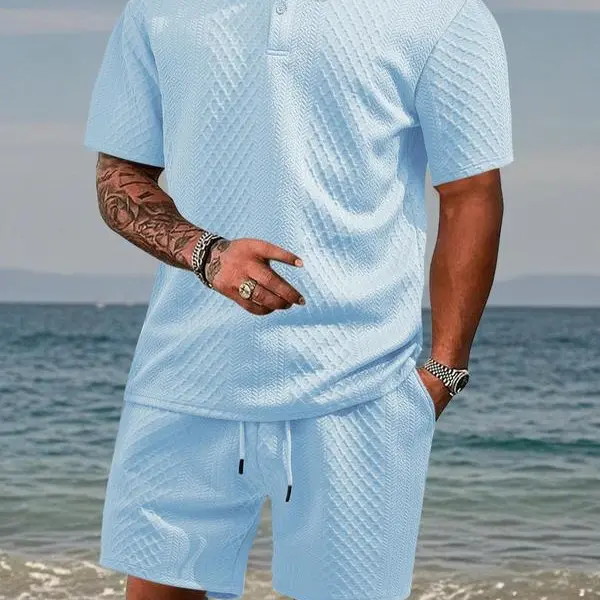 Trendy Men’s Solid - Color Two - Piece Casual Polo Shirt & Drawstring - Waist Shorts Set! Casual Collared Top & Athletic - Pocket Shorts, Full Men’s Outfit, Summer Men’s Casual Suit—a Must - Have!, Menswear