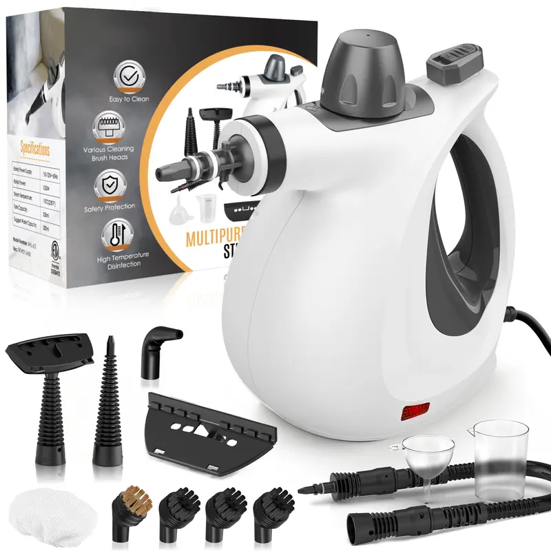 Phueut 1050W 110V Pressurized Handheld Natural Steam Deep Cleaning Machine - Compact Corded Lightweight Multi-Surface Unit for Kitchen, Cars, with 12 Replacement Parts (4 Round Brushes), Child-Safe Cap, Cleaning Supplies Compatible
