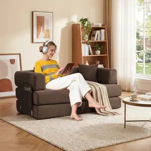 Brown 5-in-1 Convertible Sofa Bed, 78.8" Modular Corduroy Sleeper with Sturdy Frame & No Assembly, Multi-Functional Futon for Small Space, Living Room & Guest Room