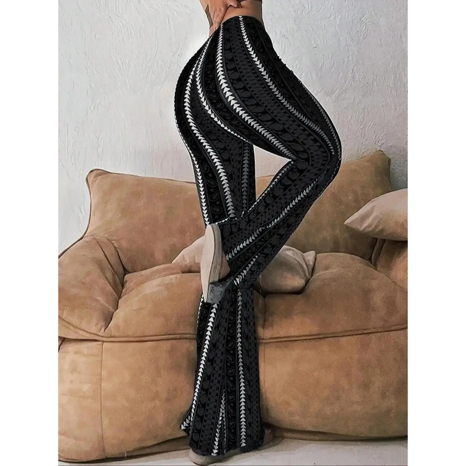Women High Waist Flare Pants Black Printed Bell Bottom Trousers 2026 Slim Fit Stretchy Wide Leg Retro Bohemian Ethnic Pattern Streetwear Y2K Trendy Casual Fashion Club Party Comfortable Long Boho Festival
