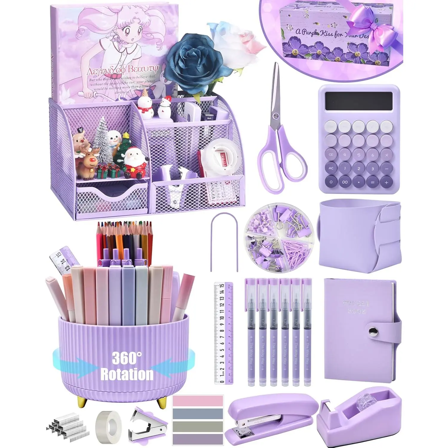21 count  Desk Organizers and Accessories With Mesh Desk Organizer and 360?Rotating Pen Holder and a Lot of Office  Office Supplies Beautifully Presented in a  Box