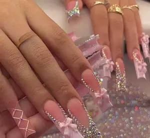 Spoiled Brat 24pcs Long Ballet French Press with Pink Bow and Shiny Diamond Decor False Nail Tips for Sweet Korean Wear