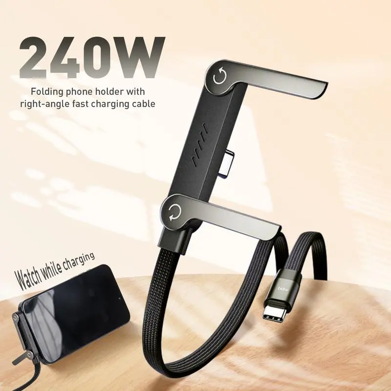 240W Super Fast Charging 2-in-1 Invisible Stand Cable for iPhone Samsung Type-C Universal Gaming Office desk car Travel Black 1.5m Foldable Phone Holder with & Dual-Type flat charger durable cord design base mo