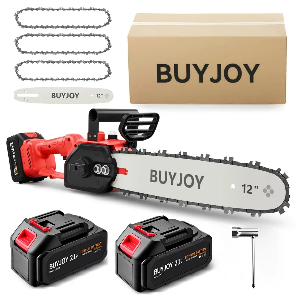 BUYJOY 12-Inch Cordless Chainsaw, 1200W Brushless Motor Battery-Powered Saw with Tool-Free Chain Tension Adjustment, Multi-Layer Safety Protection, Adjustable Speed for Tree Trimming & Firewood Cutting compatible condewalt garden pruning