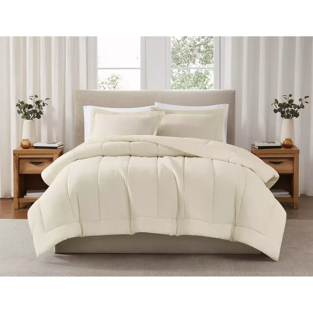 Brooklyn Loom Full/Queen 100% Cotton Percale Weave Comforter Set, 90x90 in Down Alternative Fill, White, Year-Round Bedding