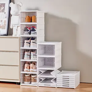 White transparent installation-free multi-layer thickened shoe box, Clear shoe storage, shoe cabinet storage box, home shoe rack, plastic foldable shoe cabinet with cover, movable transparent shoe cabinet