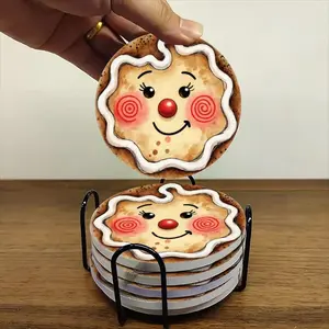 6-piece ceramic coaster set, featuring a cheerful gingerbread man cookie illustration. Heat-resistant, non-slip coasters with holders, perfect for home, dining, and beverage decoration.