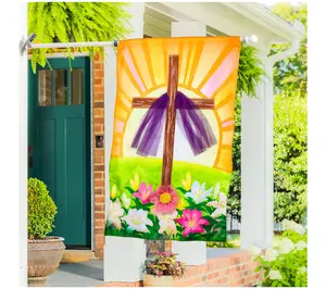 Evergreen Easter Cross With Lilies Applique House Flag