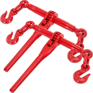 Chain Binder 5/16 In X 3/8 In, Ratchet Load Binder 6600 Lbs Capacity, Ratchet Lever Binder With G70 Hooks, Adjustable Length, Heavy Duty Tie-Down Chain Binder For Truck Hauling And Towing, 2-Pack Red