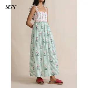 Women Summer Boho Dress Floral Printing Sleeveless Tie Shoulder Flowy Maxi Dress Y2k Beachwear Sundress