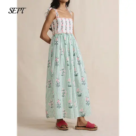 Women Summer Boho Dress Floral Printing Sleeveless Tie Shoulder Flowy Maxi Dress Y2k Beachwear Sundress