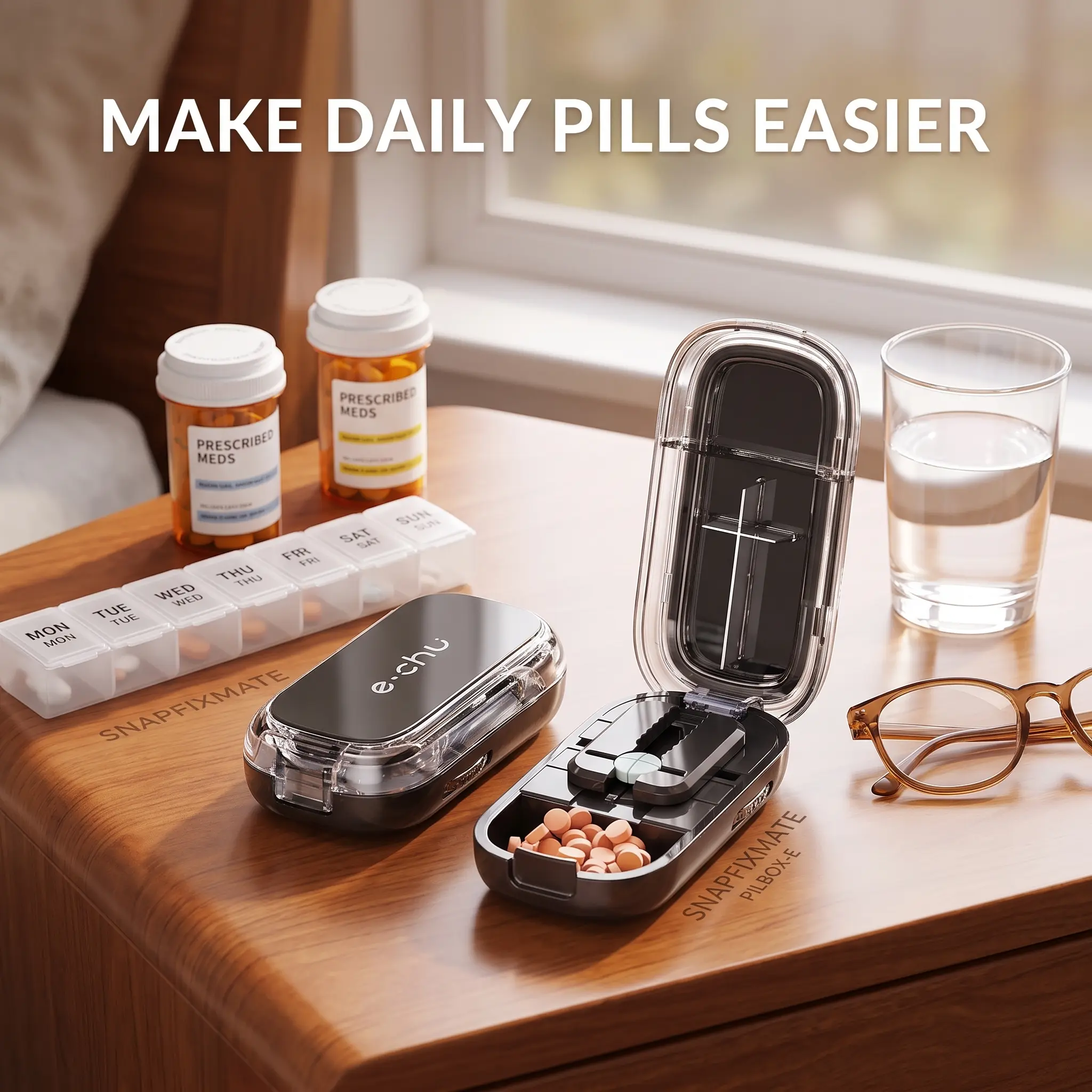 Pill Cutter and Splitter for Seniors, Adjustable Tablet Cutter for Tiny and Small Pills, Cuts Pills into 1/2 and 1/4, Precise Alignment Medicine Splitter with Stainless Steel Blade and Compact Storage
