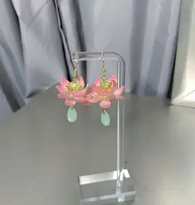 Pink Lotus Water Lily - Handmade Drop Earrings - 18K Gold Plated/Sterling Silver