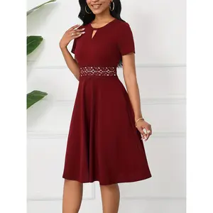 Buckle concierge lace dress, vintage short sleeve a line party dress, WOMEN'S clothing