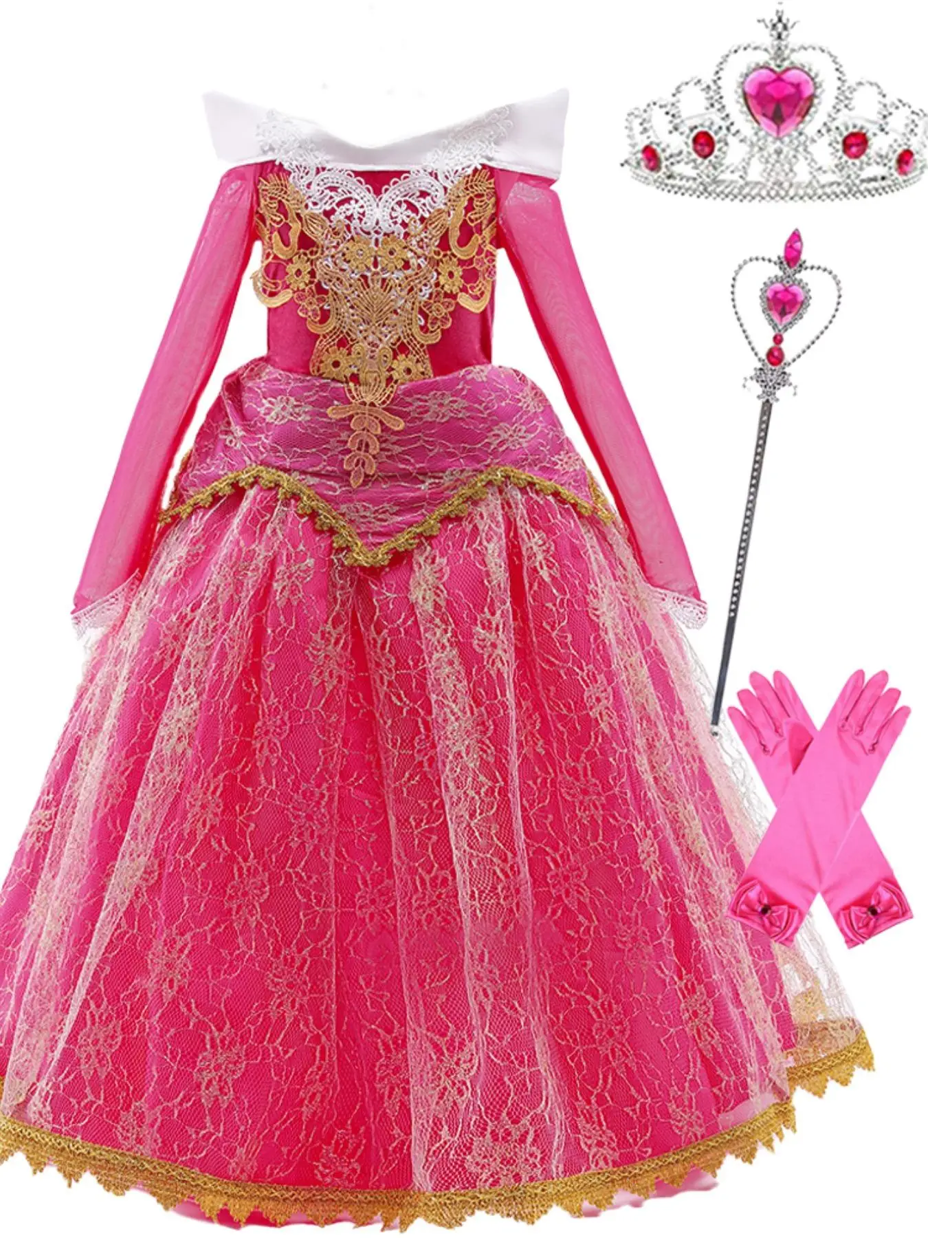 Girl's Colorblock Contrast Lace Appliques Dress & All Accessories, Elegant Princess Party Dress for Birthday Wedding Flower Girl, Kids Spring & Fall C